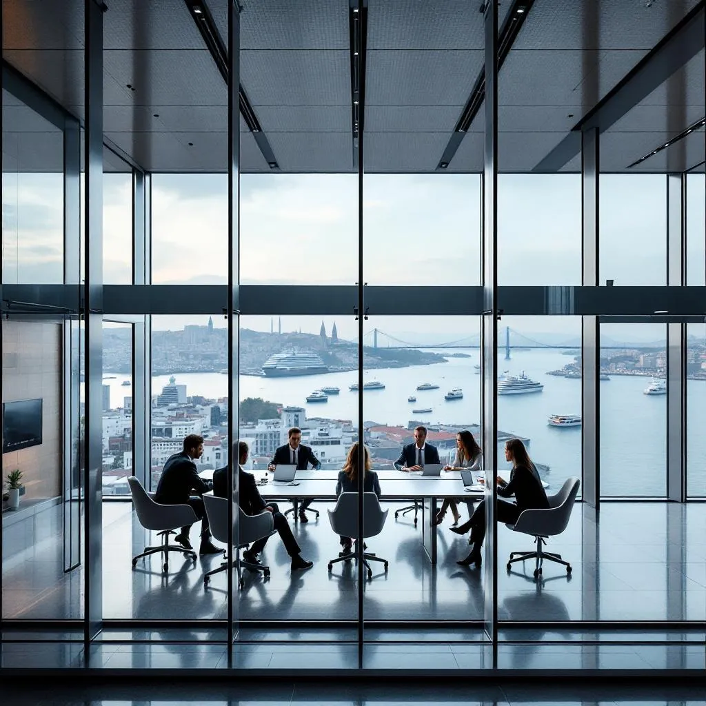 İstanbul Boğazı manzarasında modern bir ofiste danışmanlık hizmeti veren profesyoneller