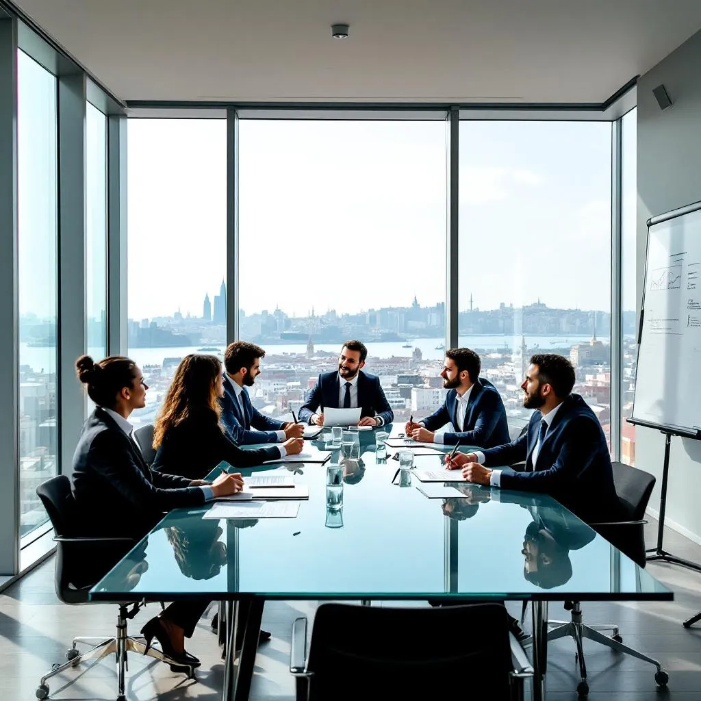 İstanbul'da bir iş merkezinde danışmanlık toplantısı yapan profesyoneller
