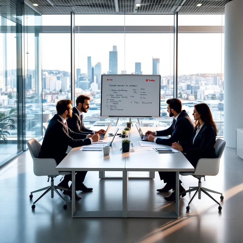 İstanbul'da modern bir iş merkezinde toplantı yapan iş insanları, Türkiye'de şirket kurulum sürecini planlıyor