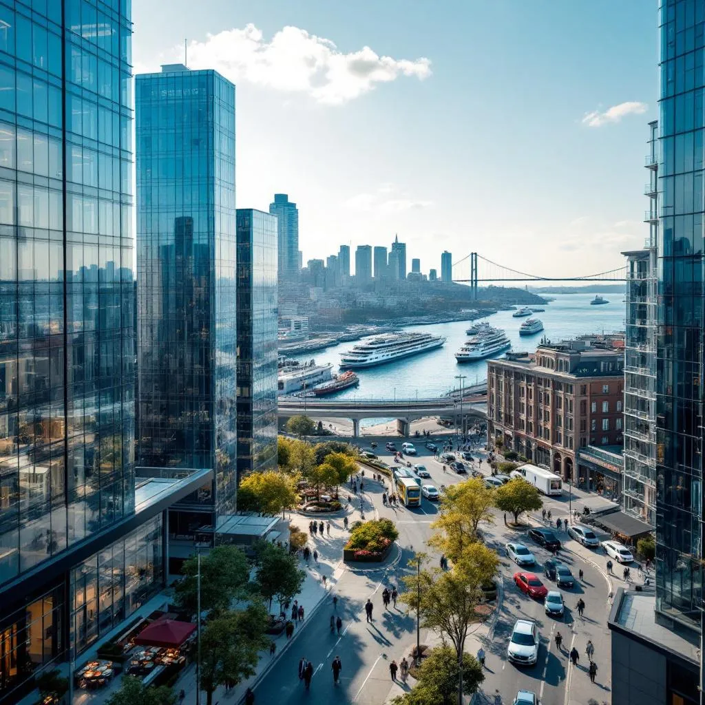 İstanbul'da modern iş bölgesi ve Boğaz manzarası